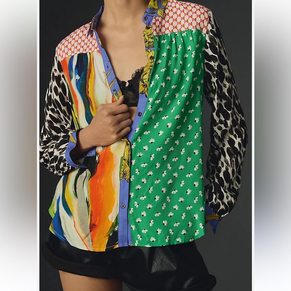 K08. Anthropologie MAEVE The Paz Contrast Button Down Shirt Top GREEN MULTI